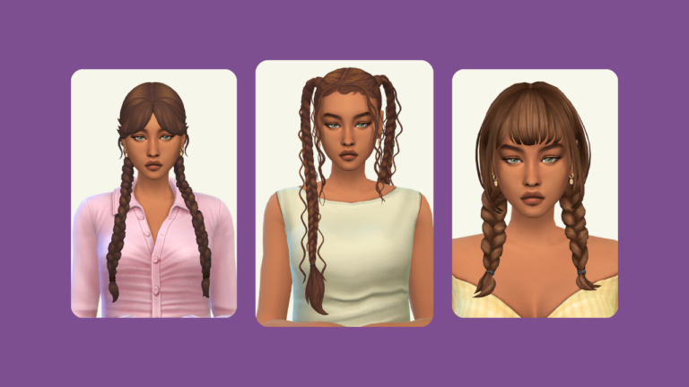 This image has three images on a purple background. The images have a sim with brown hair wearing different tops with pigtails.