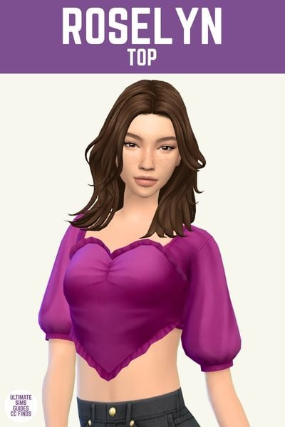 This image has a purple bar at the top with white text that says "Roselyn Top" and below is a sim wearing a purple top with puff sleeves and a heart shaped body 