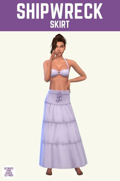 This image has a purple bar at the top with white text that says "Shipwreck Skirt" and below is a sim wearing a light purple bathing suit and a long purple skirt