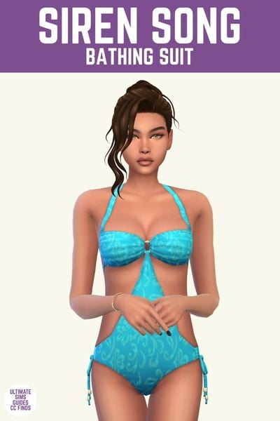 This image has a purple bar at the top with white text that says "Siren Song Bathing suit" and below is a sim posed in a one piece bathing suit in turquoise