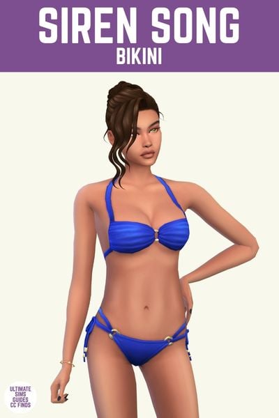 This image has a purple bar at the top with white text that says "Siren Song Bikini" and below is a sim with brown hair posed in a dark blue bikini
