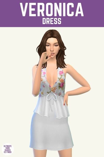 This image has a purple bar at the top with white text that says "Veronica Dress" and below is a sim wearing a white dress with a halter style with flowers on the top 