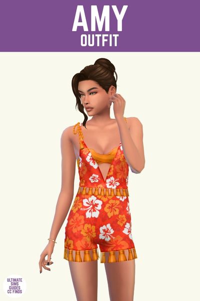 This image has a purple bar at the top with white text that says "Amy Outfit" and below is a sim posing in a red hawaiian patterned romper 