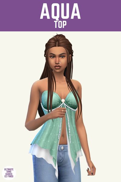 This image has a purple bar at the top with white text that says "Aqua Top" and below is a sim with brown hair wearing jeans and a strapless top with pearl designs 