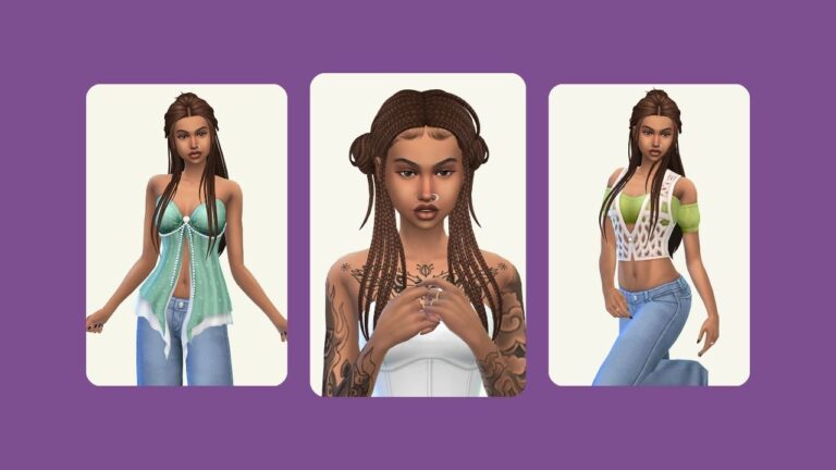 This image has a purple background with three rounded-edge rectangles. Inside of those rectangles there is a sim posed in different clothing