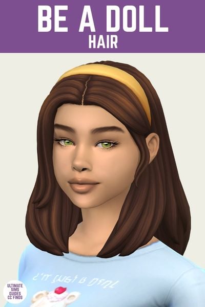 This is a product image for a cc item from the Pink Ribbons set. At the top is a purple bar with white text that says "Be A Doll Hair" and below is a sim from the chest up. They are wearing a baby blue t-shirt and a yellow headband in their shoulder length hair. 