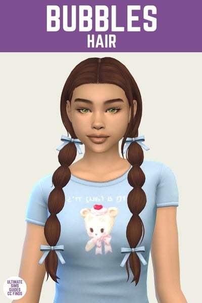 This is a product image for a cc item from the Pink Ribbons set. At the top is a purple bar with white text that says "bubbles hair" and below that is a sim from the waist up. The sim is wearing a baby blue t-shirt and has their hair in bubble braids with a blue bow at the top and bottom of the braid 