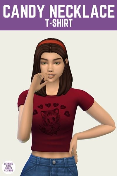 This is a product image for a cc item from the Pink Ribbons set. At the top is a purple bar with white text that says "Candy Necklace T-Shirt" and below is a sim with brown hair. They have a red-tshirt on and a pair of jeans 