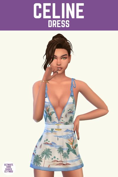 This image has a purple bar at the top with white text that says "Celine Dress" and below is a sim wearing a deep v-neck dress with a topical pattern 