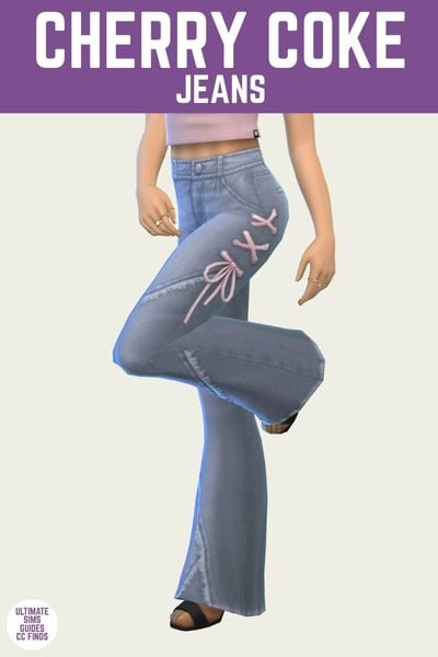 This is a product image for a cc item from the Pink Ribbons set. At the top is a purple bar with white text that says "Cherry Coke Jeans" and below that is a sim from the waist down wearing grey jeans with bows and ribbons on the side. 