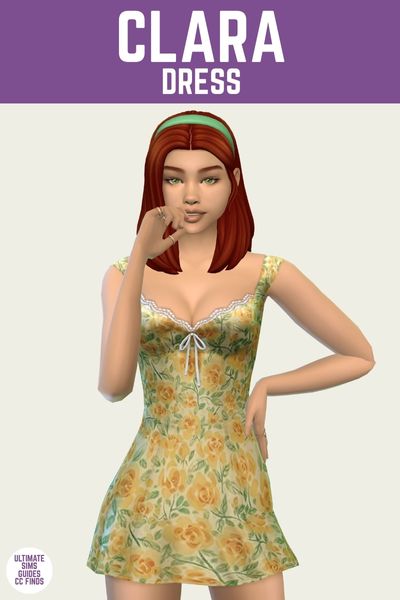 This is a product image for a cc item from the Pink Ribbons set. At the top is a purple bar with white text that says "Clara Dress" and below that is a sim with red hair wearing a mini-dress with a green and yellow floral design 