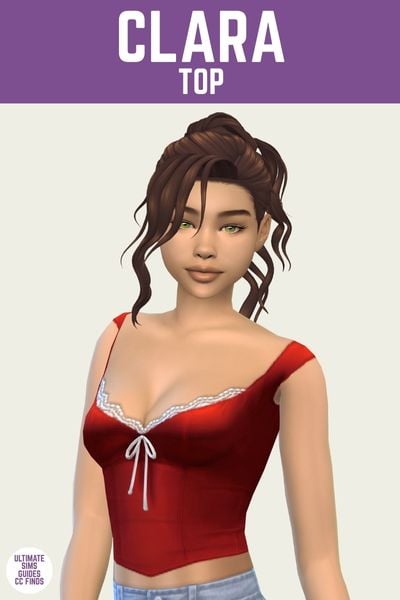 This is a product image for a cc item from the Pink Ribbons set. At the top is a purple bar with white text that says "Clara Top" and below is a sim with brown hair in an up-do posed in a red tank top with a white bow on the chest 