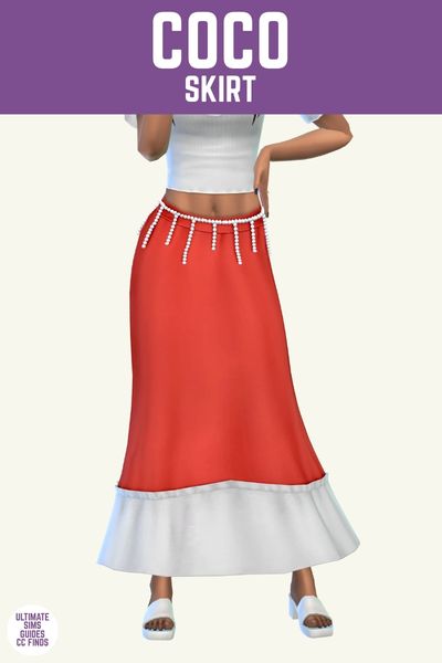 This image has a purple bar at the top with white text that says "Coco Skirt" and below is a sim from the waist down wearing a maxi skirt with a pearl belt 