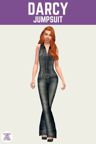 This is a product image for cc from the blaze collection by sentate. In this image there is a purple bar at the top with white text that says "Darcy Jumpsuit" and below is a sim posed with their legs crossed. The sim has red hair and is wearing a sleeveless denim jumpsuit
