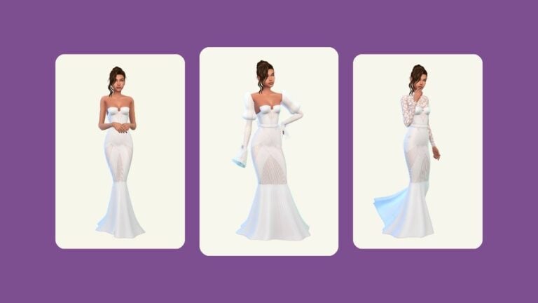 This image has a purple background and three rounded-edge rectangles. Inside of those rectangles is the same sim three times, and each time they are posed in a different wedding dress.