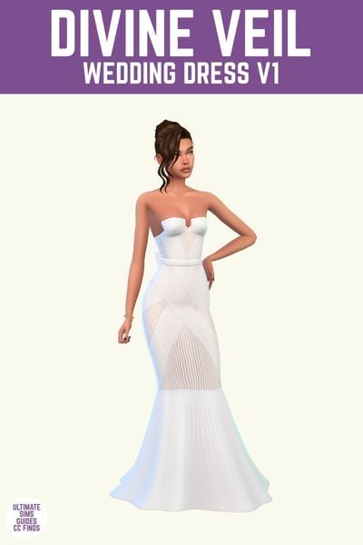 This image has a purple bar at the top with white text that says "Divine Veil Wedding Dress V1" and below is a sim posed in a strapless wedding dress with one hand on their hip. 