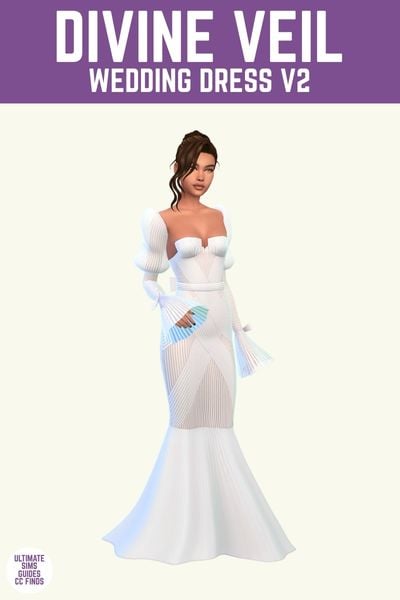 This image has a purple bar at the top with white text that says "Divine Veil Wedding Dress V2" and below is a sim wearing a wedding dress with a mermaid look and puff sleeves. 