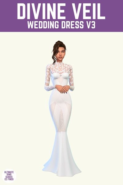 This image has a purple bar at the top with white text that says "Divine Veil Wedding Dress V3" and below is a sim wearing a tight wedding dress with lace sleeves. 