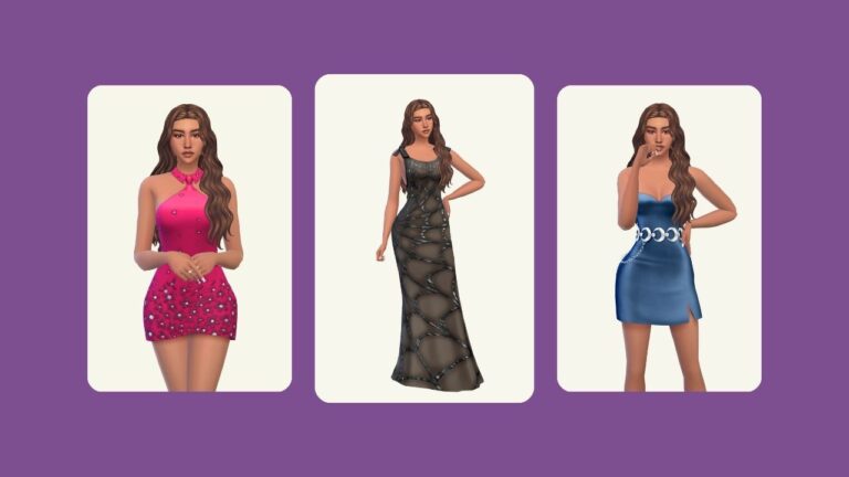 This image has a purple background with three rounded-edge rectangles. Inside of those rectangles are images of a sim with brown hair wearing different formal dresses