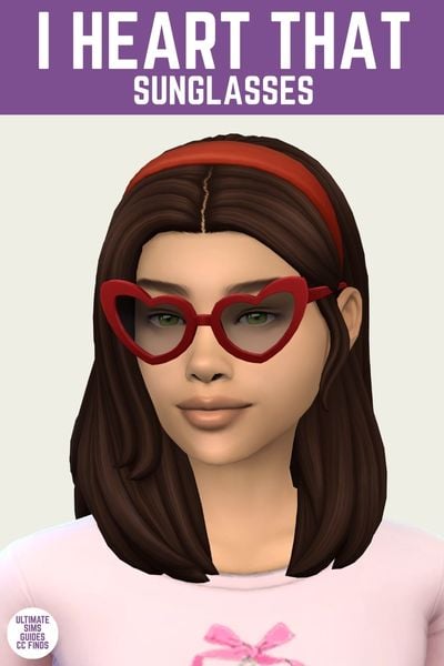 This is a product image for a cc item from the Pink Ribbons set. At the top is a purple bar with white text that says "I Heart That Sunglasses" and below that is a sim with brown hair with a red headband, they are wearing heart shaped sunglasses. 
