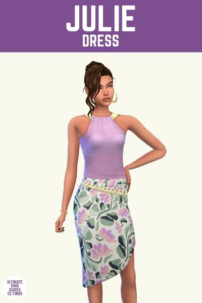 This image has a purple bar at the top with white text that says "Julie Dress" and below is a sim. They have brown hair and are wearing a purple top and floral skirt. 
