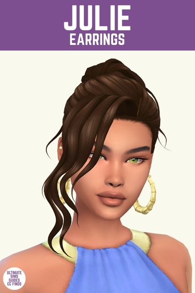 This image has a purple bar at the top with white text that says "Julie Earrings" and below is a sim with brown hair wearing large hoop earrings 