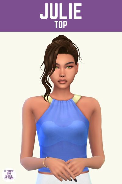 This image has a purple bar at the top with white text that says "Julie Top" and below is a sim wearing a top with metal halter and see through vibe 