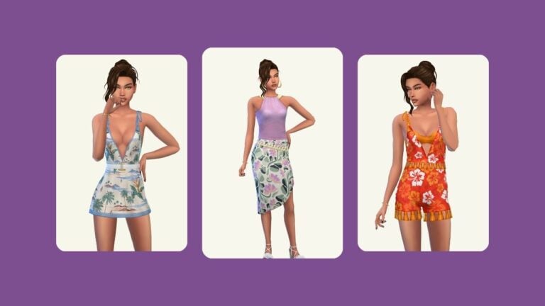 This image has a purple background with three rounded-edge rectangles. In the rectangles is the same sim with brown hair posed in different summer themed clothing