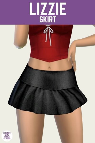 This is a product image for a cc item from the Pink Ribbons set. At the top is a purple bar with white text that says "lizzie skirt" and below is a sim from the chest down to knees. They are wearing a black mini-skirt. 