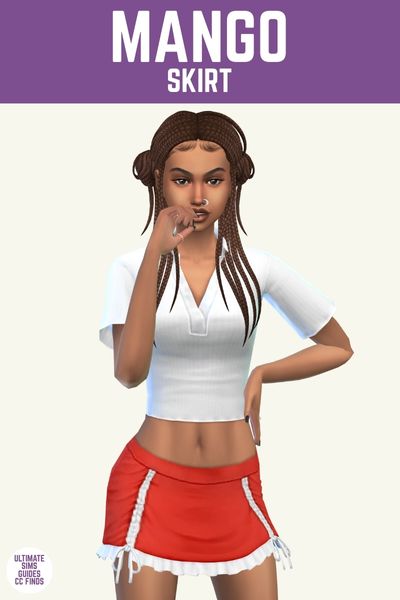 This image has a purple bar at the top with white text that says "Mango Skirt" and below is a sim wearing a white polo shirt and a bright red mini skirt with a white ruffle hem 