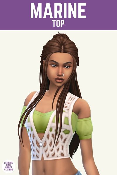This image has a purple bar at the top with white text that says "Marine Top" and below is a sim wearing a green bandeau style top with a mesh vest over it 