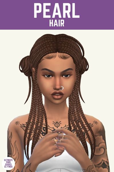 This image has a purple bar at the top with white text that says "Pearl Hair" and below is a sim with tattoos, a nose ring and braided hair 