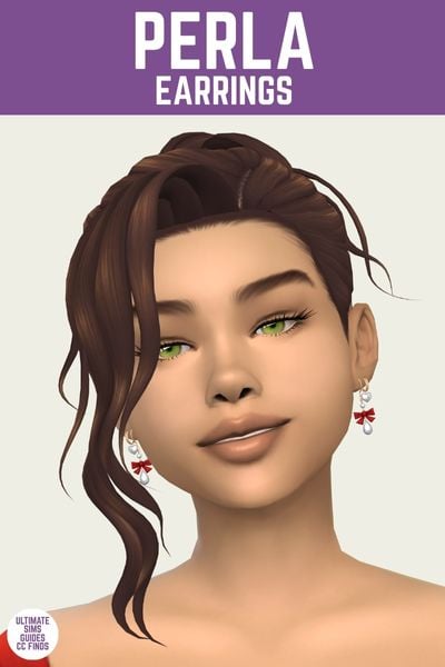 This is a product image for a cc item from the Pink Ribbons set. At the top is a purple bar with white text that says "Perla Earrings" and below is a sim from the shoulders up. The sim has their hair in an up-do and is wearing bow earrings 