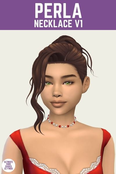 This is a product image for a cc item from the Pink Ribbons set. At the top is a purple bar with white text that says "Perla Necklace V1" and below is a sim with their hair in an up-do and they have a pearl and heart necklace on 