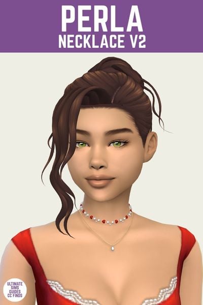 This is a product image for a cc item from the Pink Ribbons set. At the top is a purple bar with white text that says "Perla Necklace V2" and below is a sim from the chest up. They are wearing a red tank top, their brown hair is up and they are wearing a layered necklace. 