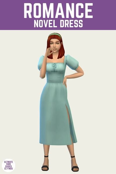 This is a product image for a cc item from the Pink Ribbons set. At the top is a purple bar with white text that says "Romance Novel Dress" and below is a sim with red hair wearing a puff sleeve dress in a light teal