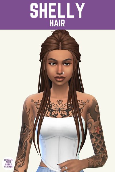 This image has a purple bar at the top with white text that says "Shelly Hair" and below is a sim with a half-up hair, a white corset top and a some tattoos 