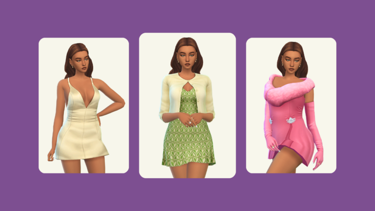 This image features three images on top of a purple background. Each image has a sim with brown hair posed in different short dresses.