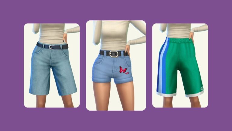 This image has a purple background. There are three images and in those images are a sim from the chest to knees showing their shorts