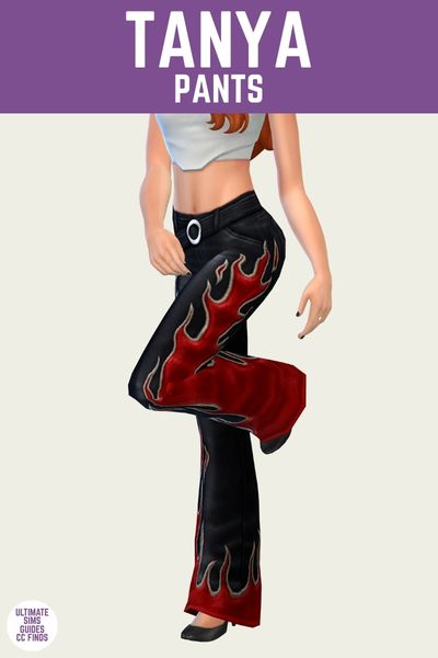 This is a product image for cc from the blaze collection by sentate. In this image there is a purple bar at the top with white text that says "Tanya Pants" and below is a sim posed from the chest down. The sim has one leg bent up and they are wearing black leather pants with red flames on the side