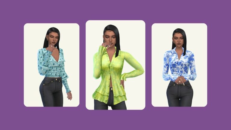 This image has a purple background with three rounded-edge rectangles. Inside the rectangles are pictures of the same sim wearing black jeans with different blouses