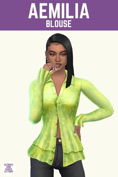 This image has a purple bar at the top with white text. The white text says "Aemilia Blouse" and below is a sim with dark hair wearing a lime green long sleeve button down top with yellow flowers. 