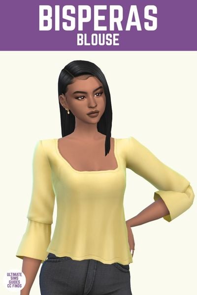 This image has a purple bar at the top with white text. The white text says "Bisperas Blouse" and below is a sim wearing a light yellow square neck blouse with 3/4 sleeves. 