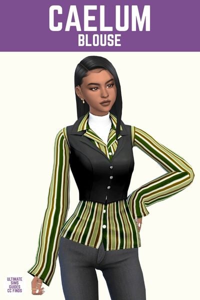 This image has a purple bar at the top with white text. The white text says "Caelum Blouse" and below is a sim. They are wearing black jeans with a striped button down shirt with a vest on top. 