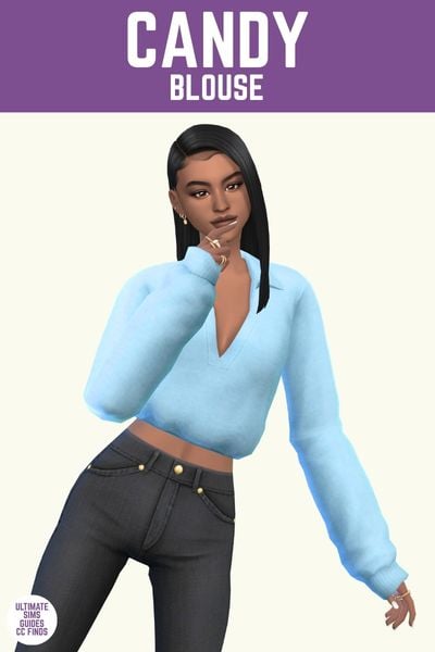 This image has a purple bar at the top with white text. The white text says "Candy Blouse" and below is a sim wearing black jeans and a light blue collared shirt.