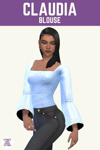 This image has a purple bar at the top with white text. The white text says "Claudia Blouse" and below is a sim posed. They have brown hair and are wearing black jeans and a light blue long sleeve top. 