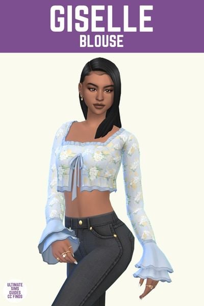 This image has a purple bar at the top with white text. The white text says "Giselle Blouse" and below is a sim wearing black jeans with a light blue floral blouse with puff sleeves starting at the wrist. 