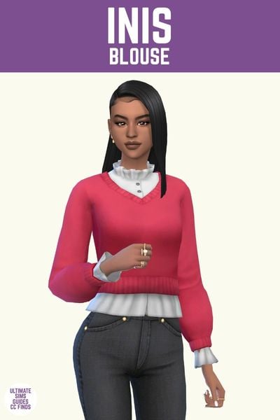 This image has a purple bar at the top with white text. The white text says "Inis Blouse" and below is a sim wearing a ruffle neck button down under a hot pink v-neck sweater. 