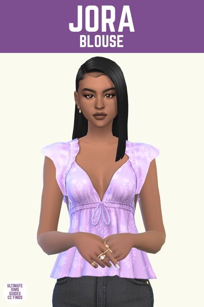 This image has a purple bar at the top with white text. The white text says "Jora Blouse" and below is a sim posed. The sim is wearing a bright purple tank top blouse.