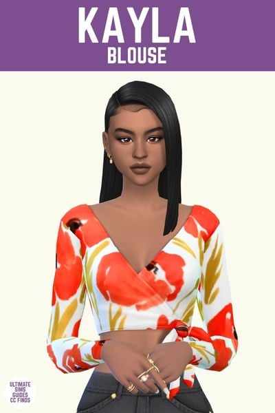 This image has a purple bar at the top with white text. The white text says "Kayla Blouse" and below that is a sim with dark hair looking straight ahead. They are wearing a cropped blouse in white with large abstract red flowers. 